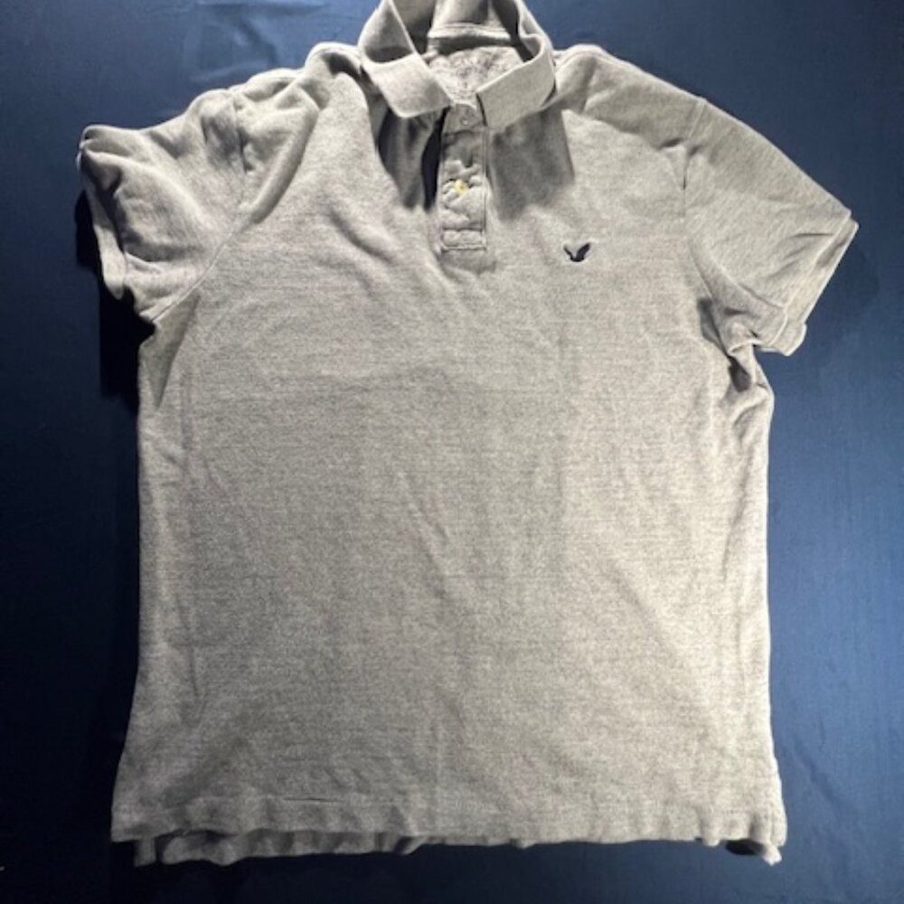 American Eagle Polo Shirt Mens Large Grey Good Short Sleeve Pique Logo Collared